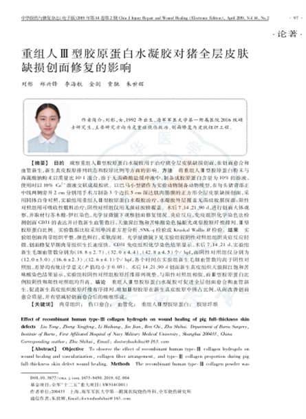 2019 動物研究，重組人Ⅲ型膠原蛋白水凝膠對豬全層皮膚缺損創(chuàng)面修復(fù)的影響